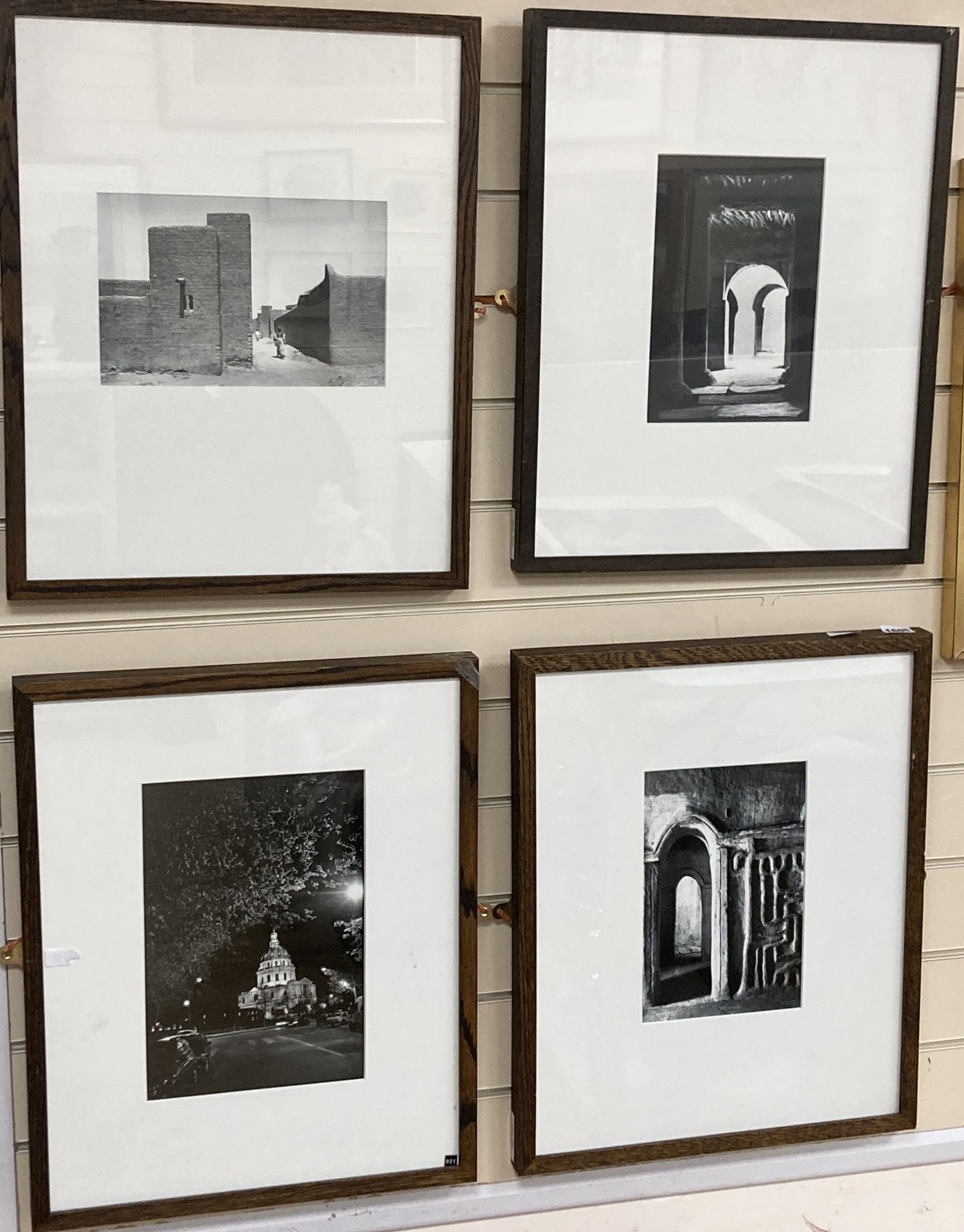 4 near contemporary black and white photographs, North African scenes and Italian domed church, largest 31 x 21cm